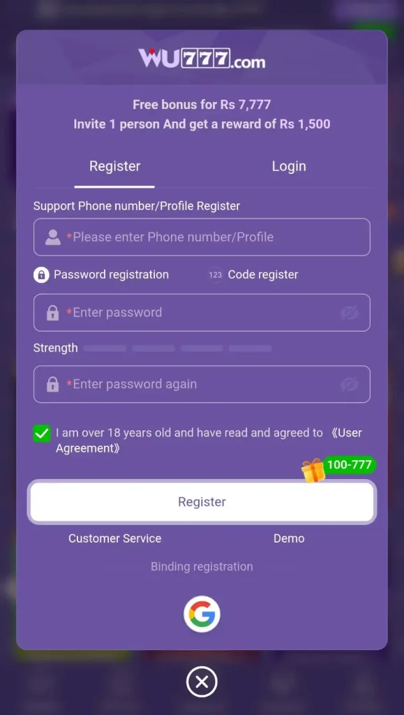 WU777 game register and login