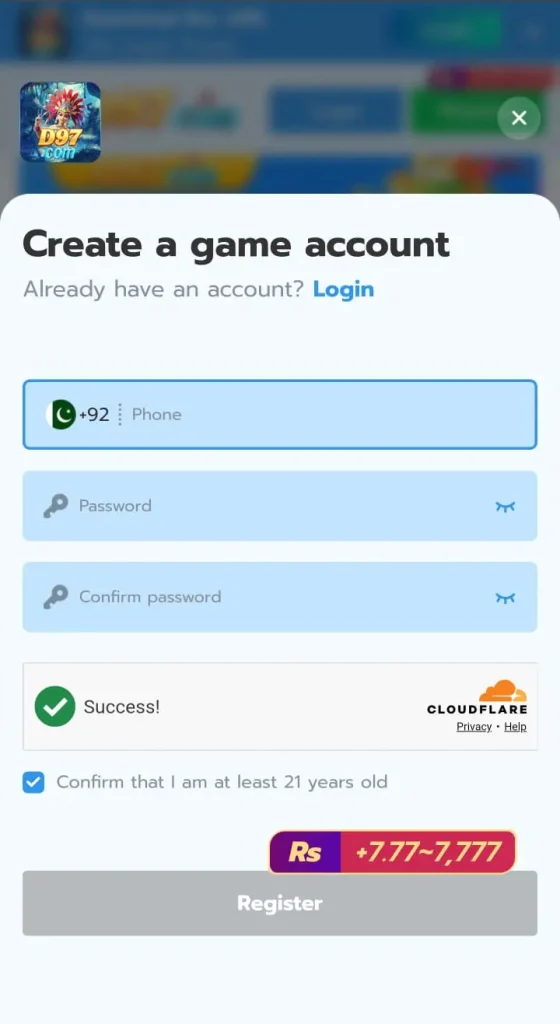 D97 game Login and Register process