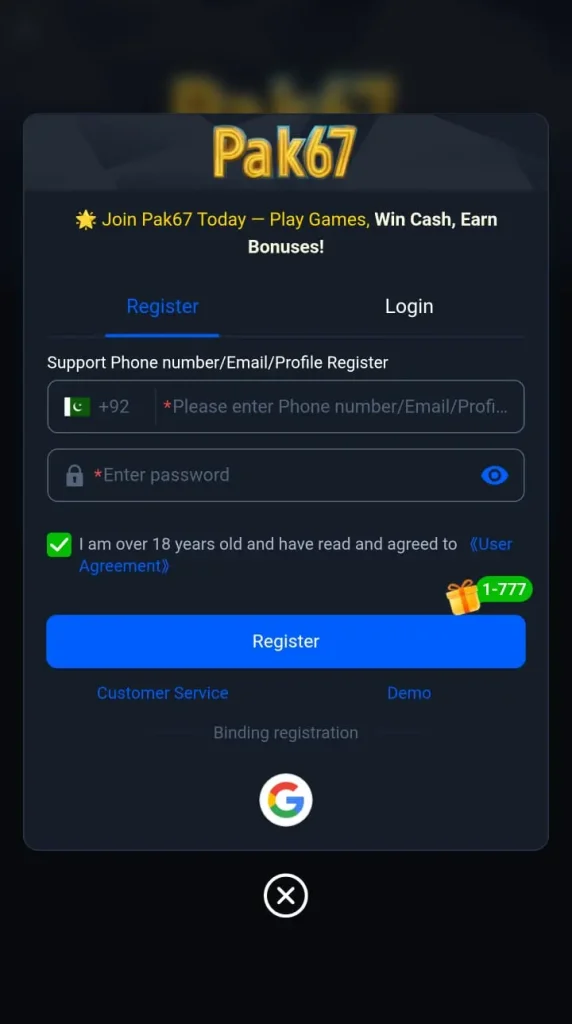 PAK67 game register now